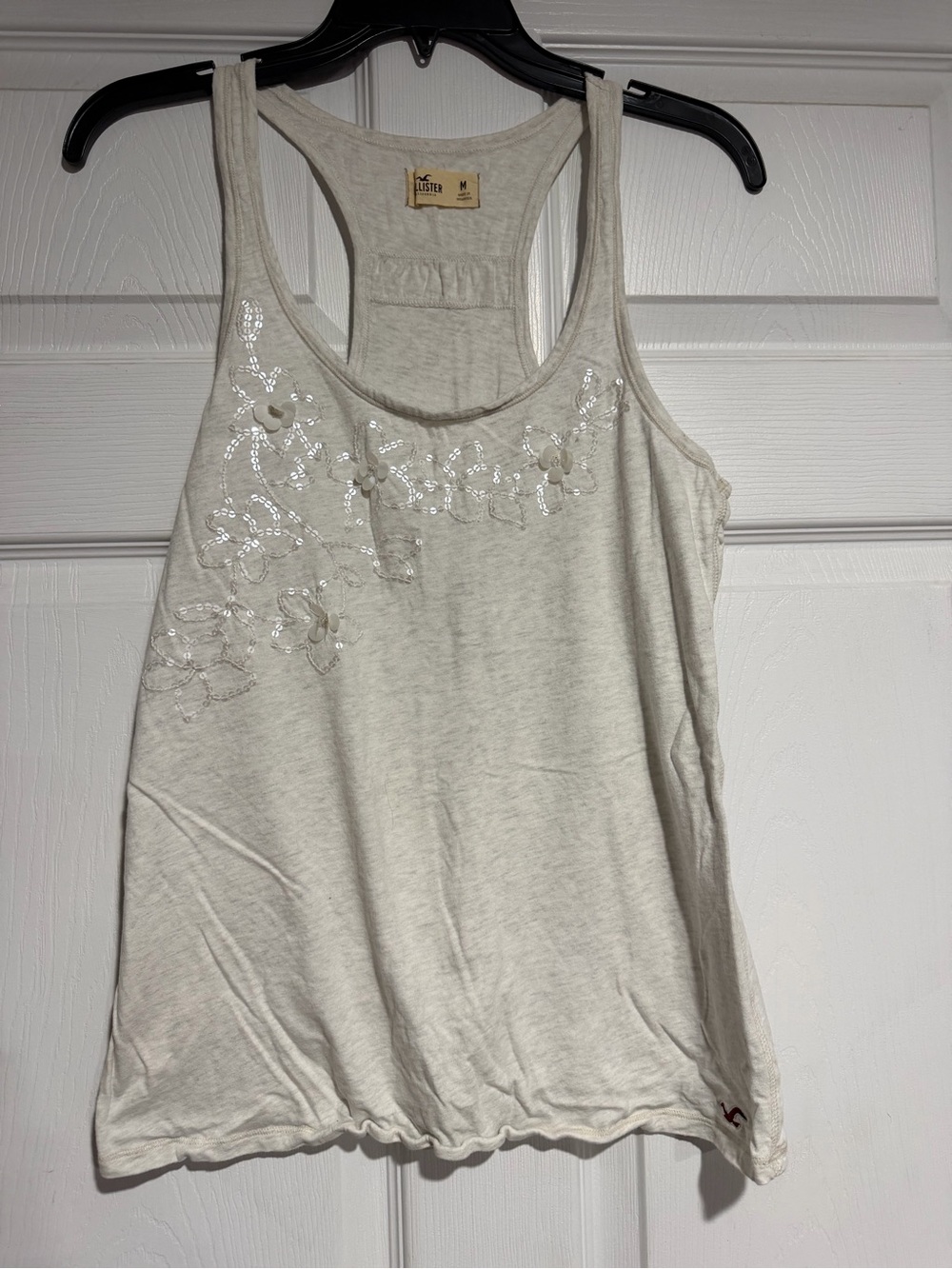 Hollister Cream Racerback Tank with Beaded Floral Detail